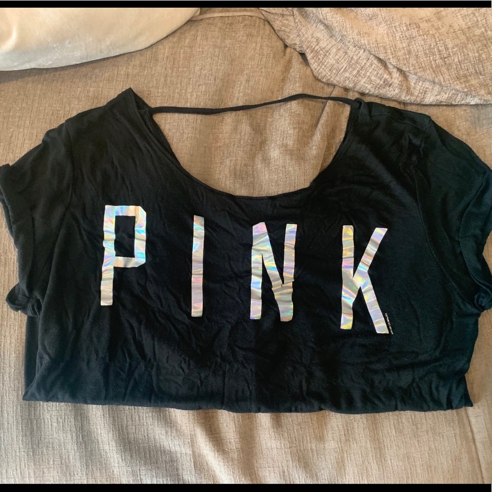 PINK slouchy off shoulder tee with silver foil writing